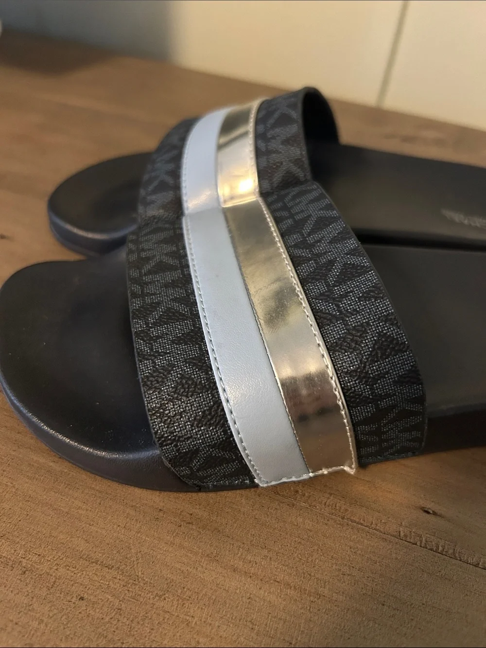 Michael Kors Black and Silver Logo Slide Sandals